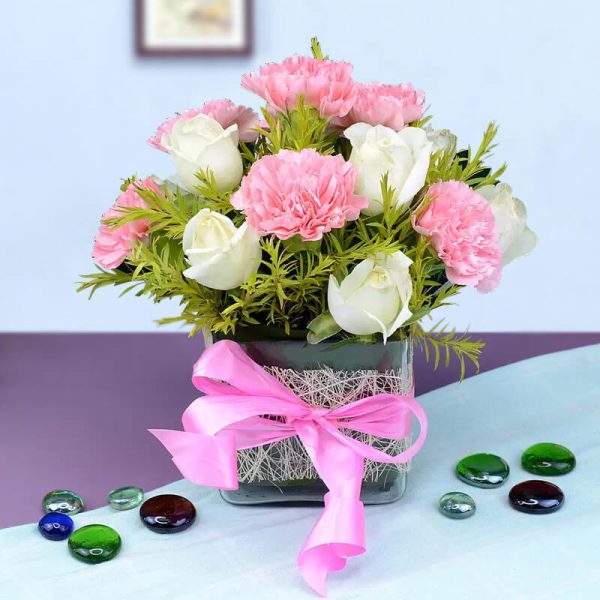 Pink Carnations & White Roses in Glass Vase
