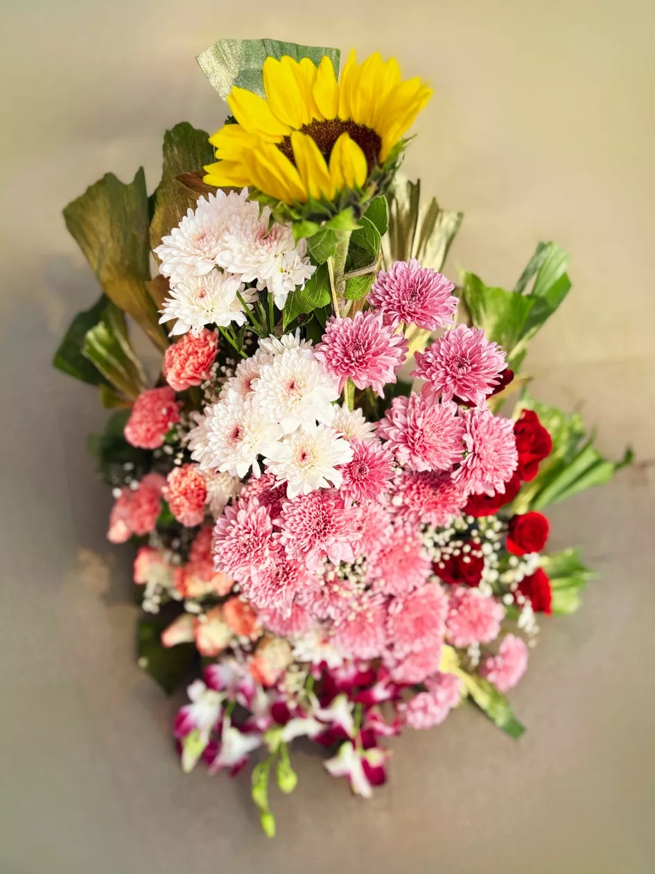 Mixed Pink Chrysanthemum Sunflower Standing Bouquet
