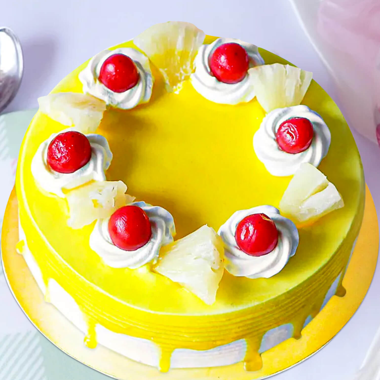 Bright Yellow Pineapple Cake with Cherry Toppings
