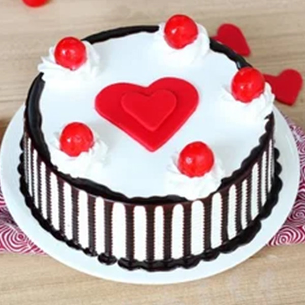 Heart Cherry Cream Cake with Chocolate Design