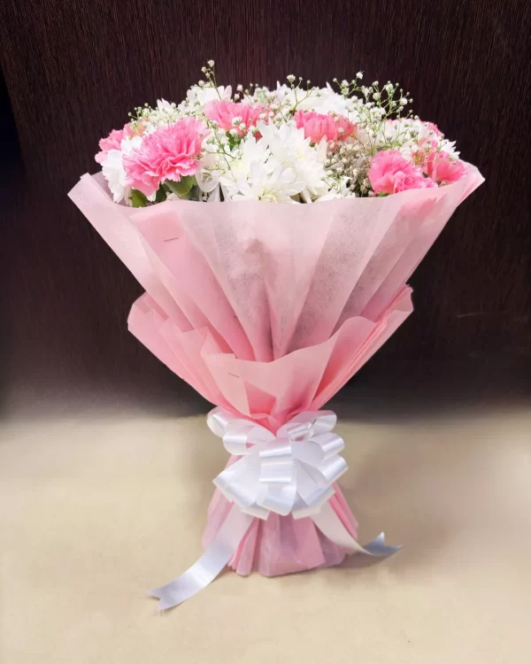 20 Pink Carnation White Mum Bouquet