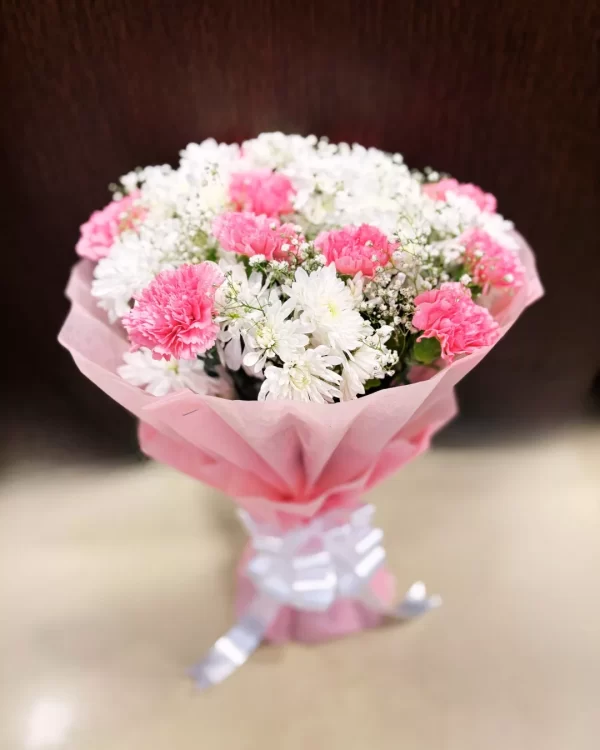 20 Pink Carnation White Mum Bouquet
