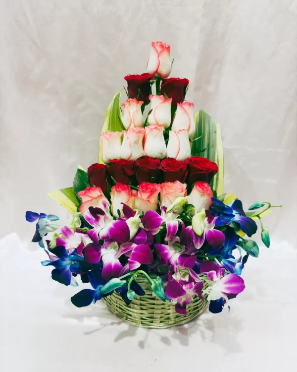 25 Mixed Rose Orchid Basket Arrangement