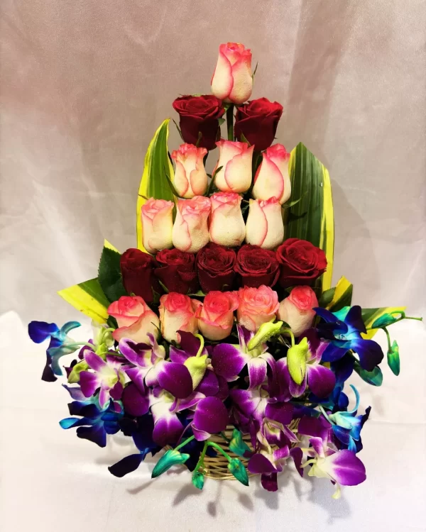 25 Mixed Rose Orchid Basket Arrangement