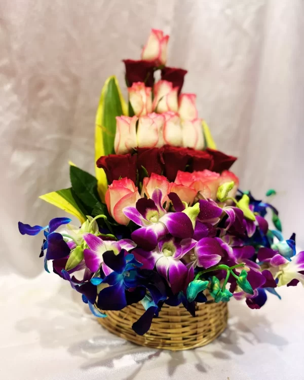 25 Mixed Rose Orchid Basket Arrangement