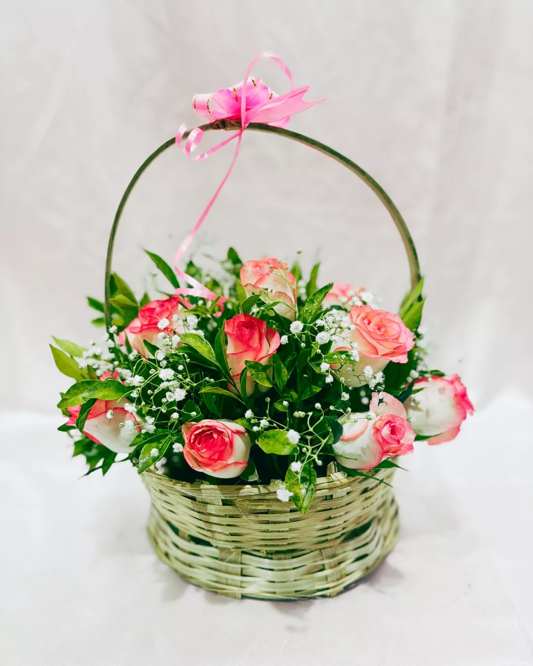 15 Pink Roses Basket Arrangement