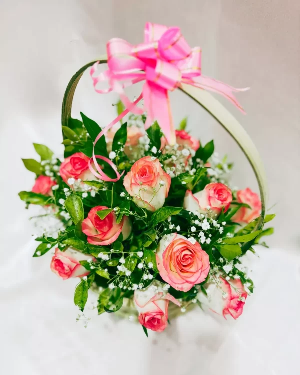 15 Pink Roses Basket Arrangement