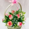 15 Pink Roses Basket Arrangement