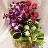 Mixed Roses Orchid Basket Arrangement