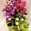 Mixed Roses Orchid Basket Arrangement