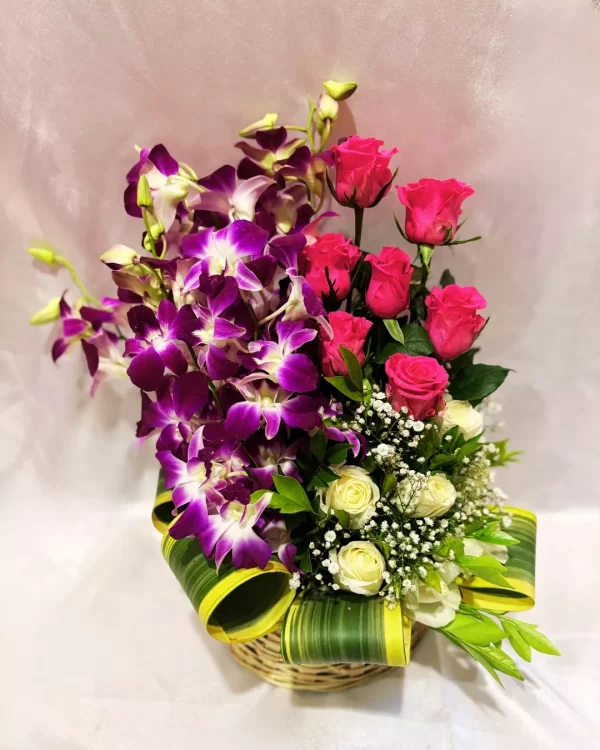 Mixed Roses Orchid Basket Arrangement