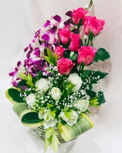 Mixed Roses Orchid Basket Arrangement