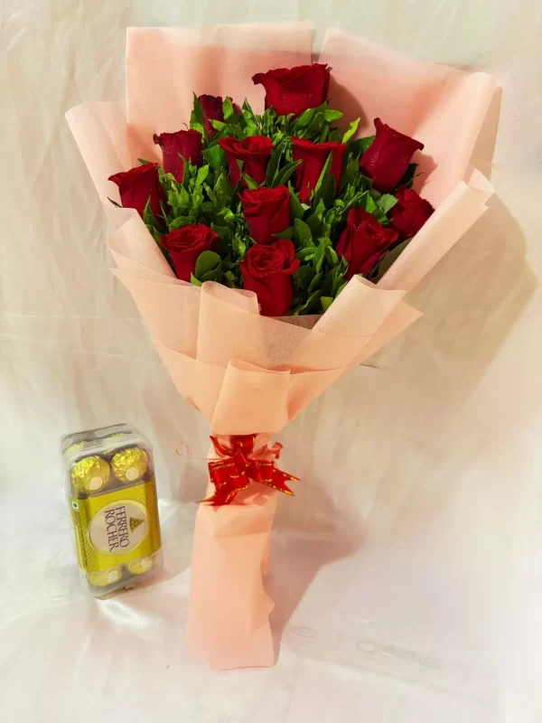 12 Red Roses Bouquet with Chocolates