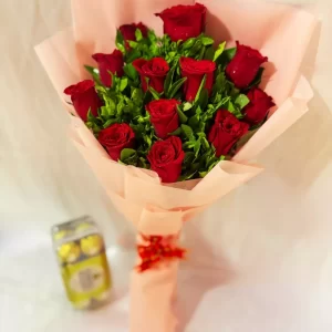 12 Red Roses Bouquet with Chocolates
