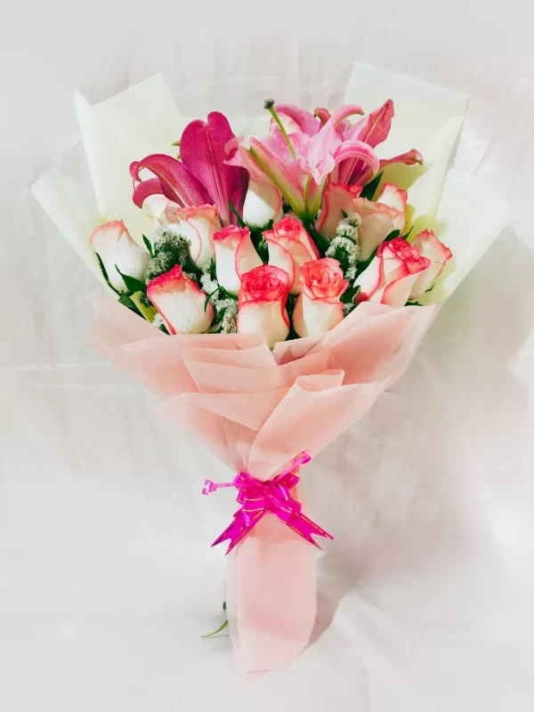 12 Pink Roses 3 Lily Bouquet with Chocolates