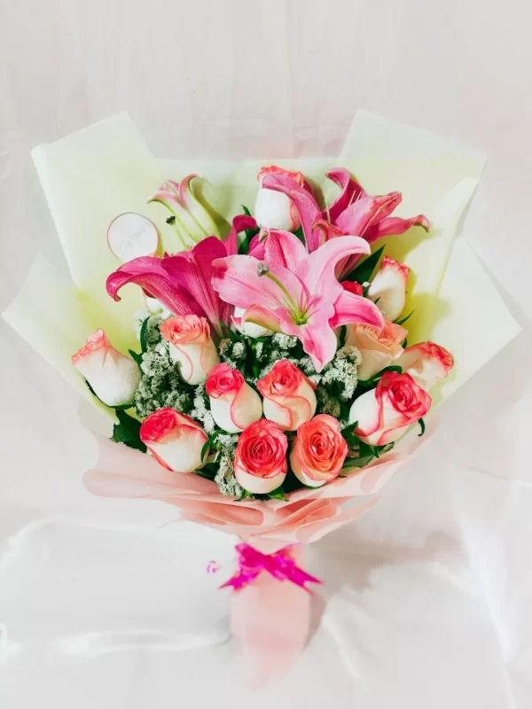 12 Pink Roses 3 Lily Bouquet with Chocolates