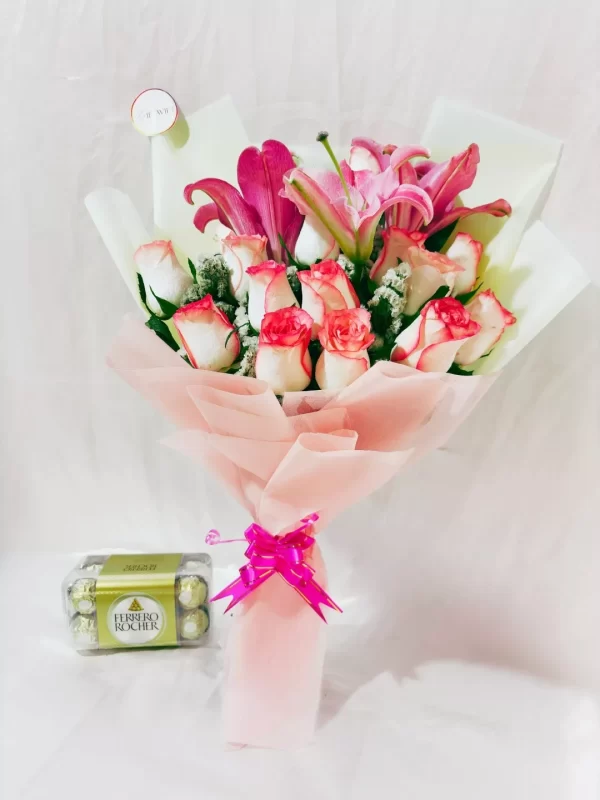 12 Pink Roses 3 Lily Bouquet with Chocolates