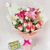 12 Pink Roses 3 Lily Bouquet with Chocolates