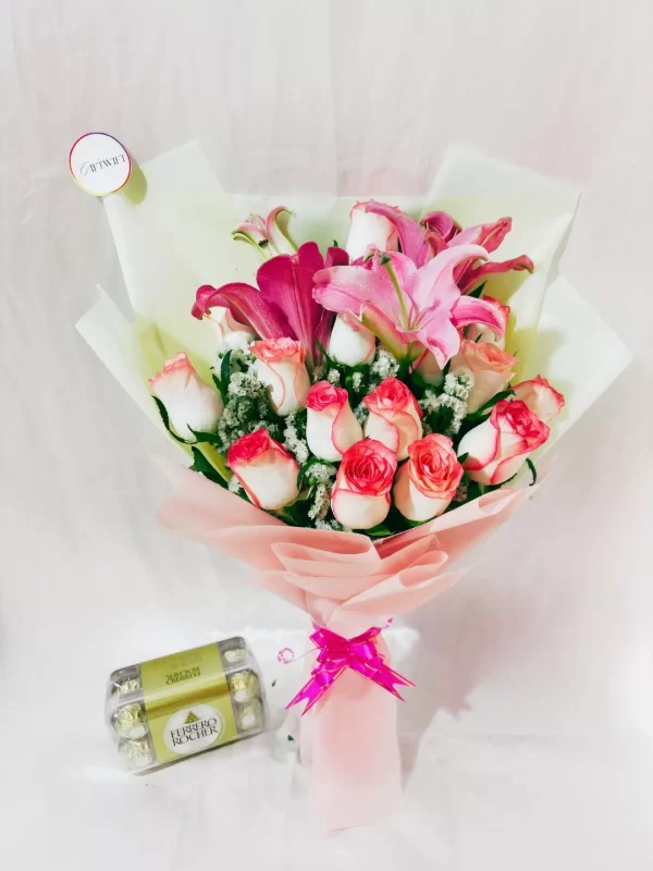 12 Pink Roses 3 Lily Bouquet with Chocolates