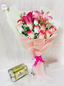 12 Pink Roses 3 Lily Bouquet with Chocolates