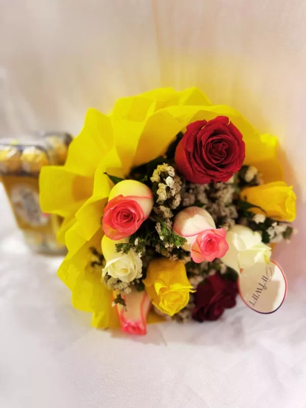 10 Mixed Roses Bouquet with Ferrero Rocher Chocolates