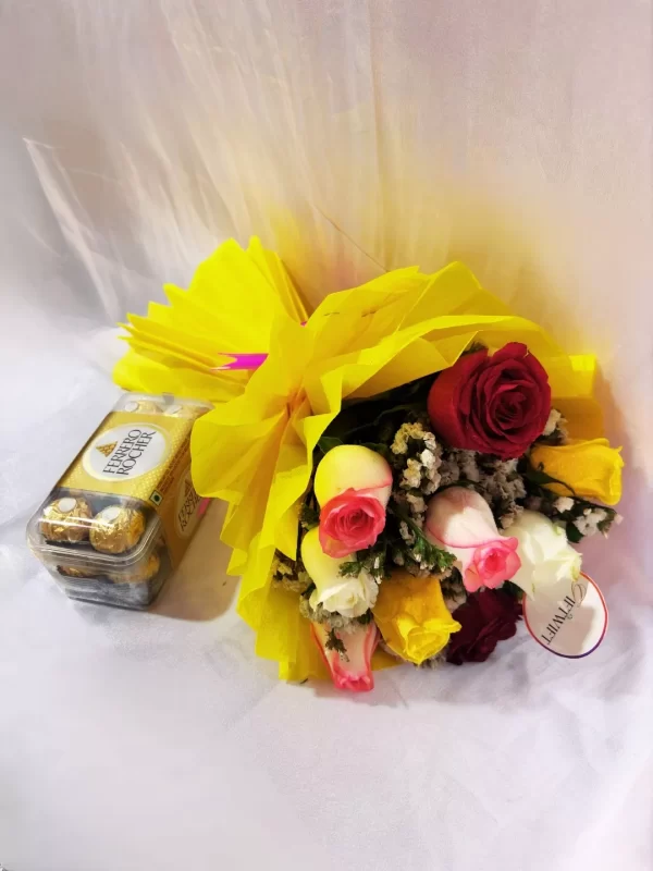 10 Mixed Roses Bouquet with Ferrero Rocher Chocolates