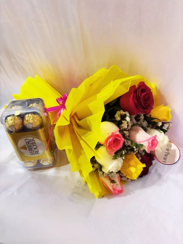 10 Mixed Roses Bouquet with Ferrero Rocher Chocolates