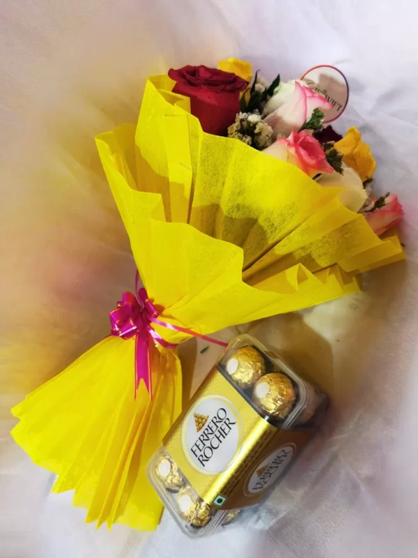 10 Mixed Roses Bouquet with Ferrero Rocher Chocolates