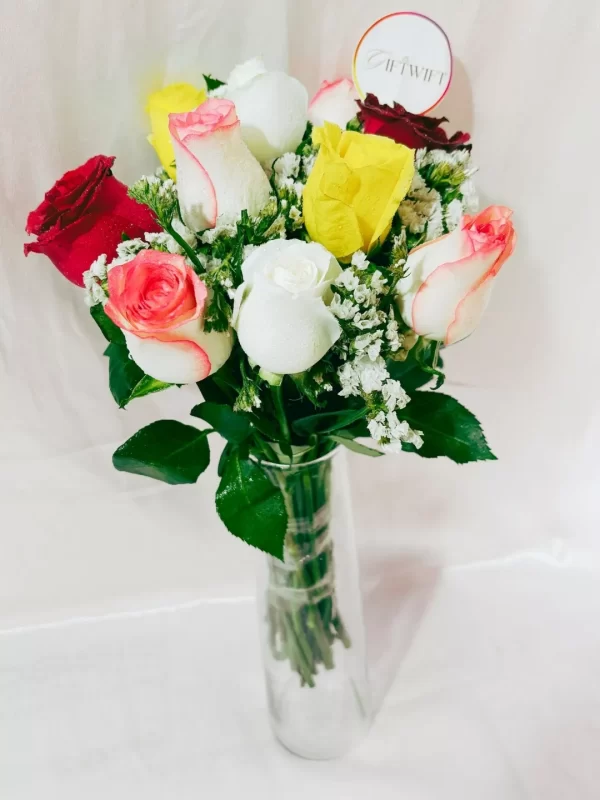 9 Mixed Color Roses Vase Arrangement
