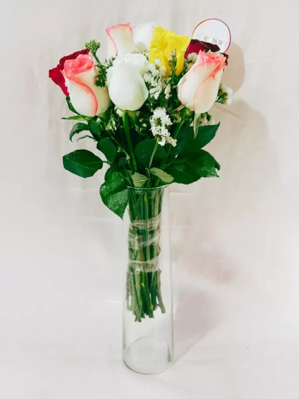9 Mixed Color Roses Vase Arrangement