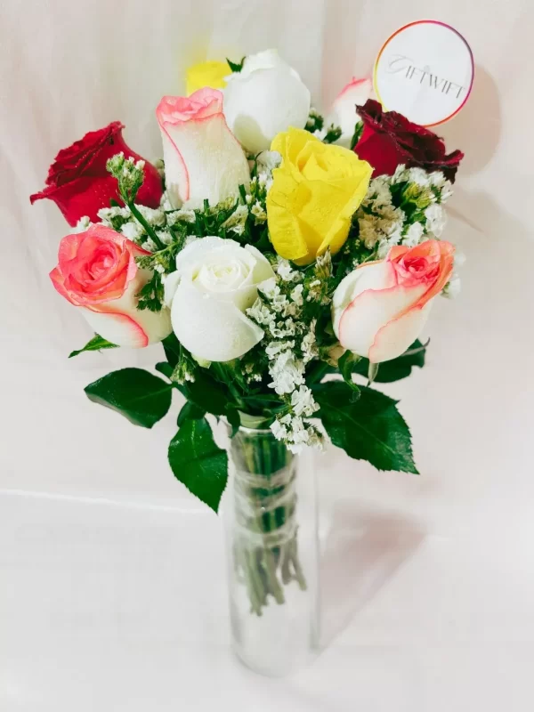 9 Mixed Color Roses Vase Arrangement
