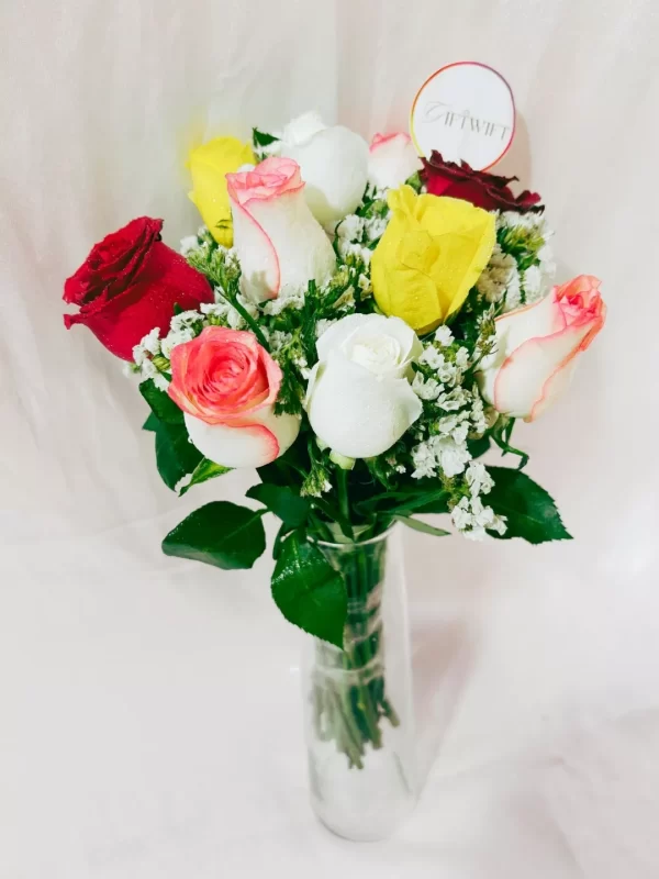 9 Mixed Color Roses Vase Arrangement