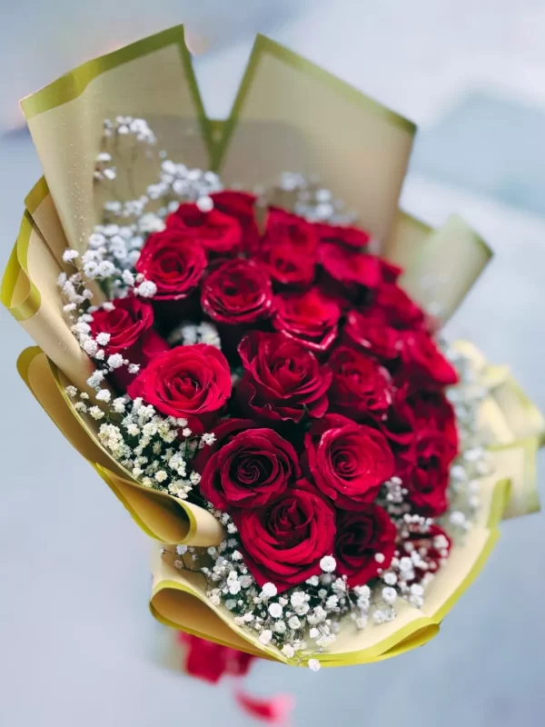20 Red Roses Baby Breath Bouquet