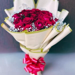 20 Red Roses Baby Breath Bouquet