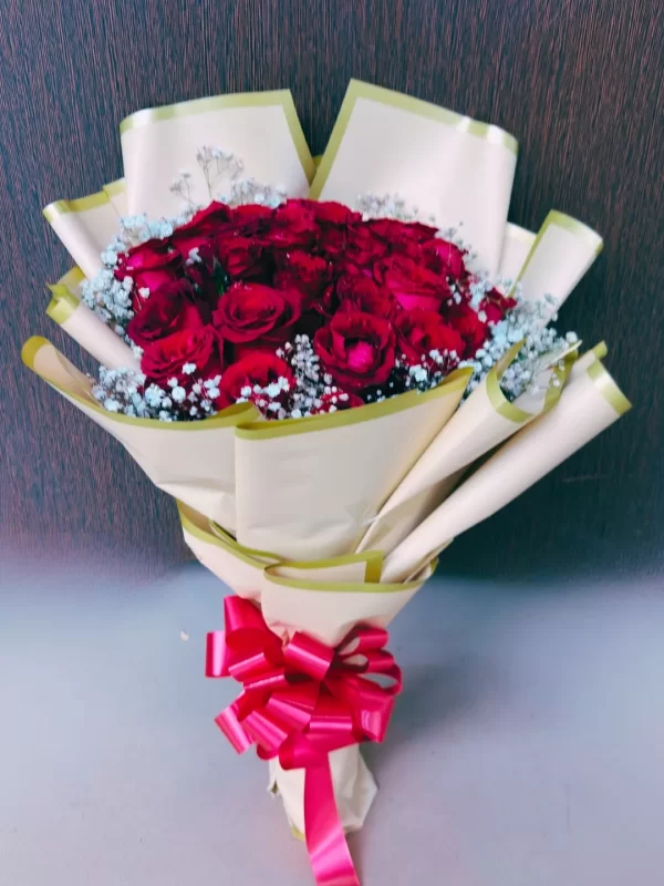 20 Red Roses Baby Breath Bouquet