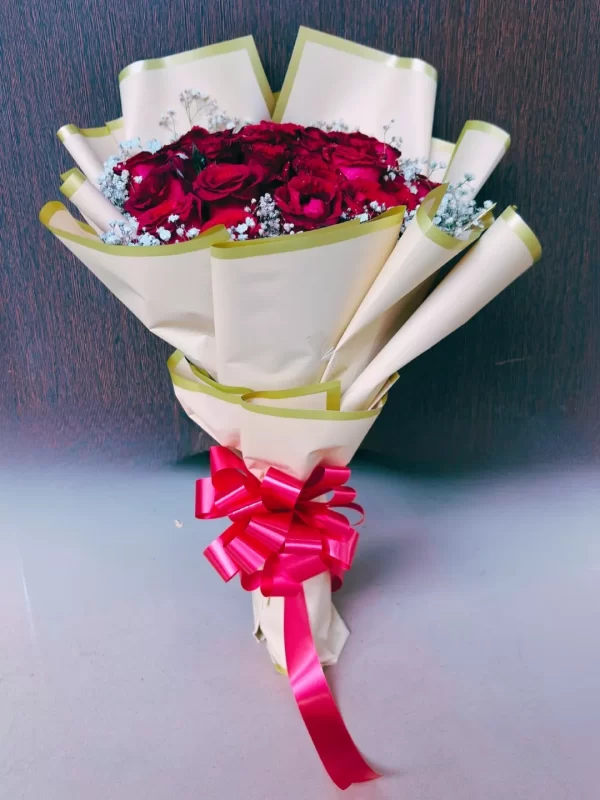 20 Red Roses Baby Breath Bouquet