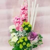 Pink Stock Green Button Floral Arrangement