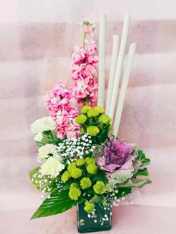 Pink Stock Green Button Floral Arrangement