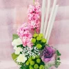 Pink Stock Green Button Floral Arrangement
