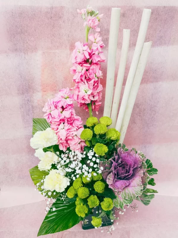 Pink Stock Green Button Floral Arrangement