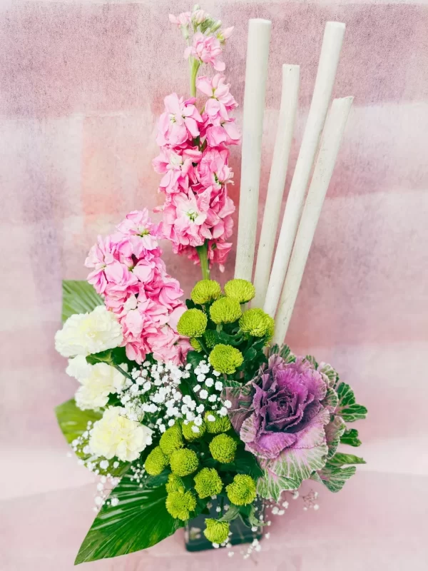 Pink Stock Green Button Floral Arrangement