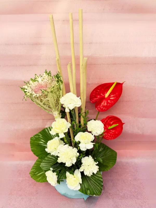 White Carnation Red Anthurium Arrangement